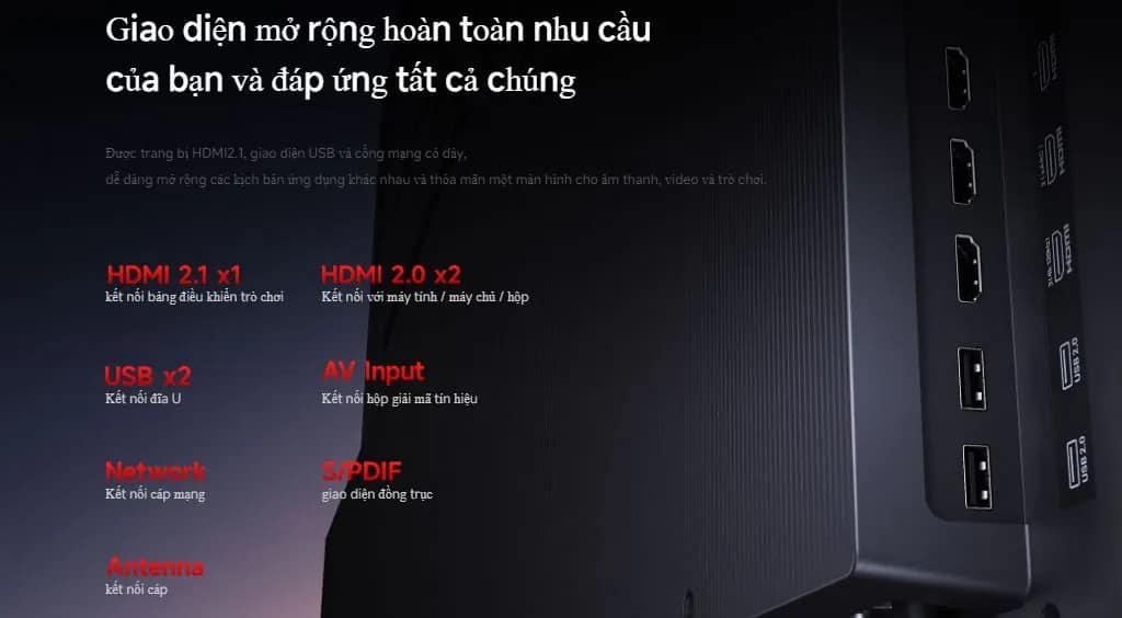 đa dạng cổng kết nối trên tivi Xiaomi Max 100 inch