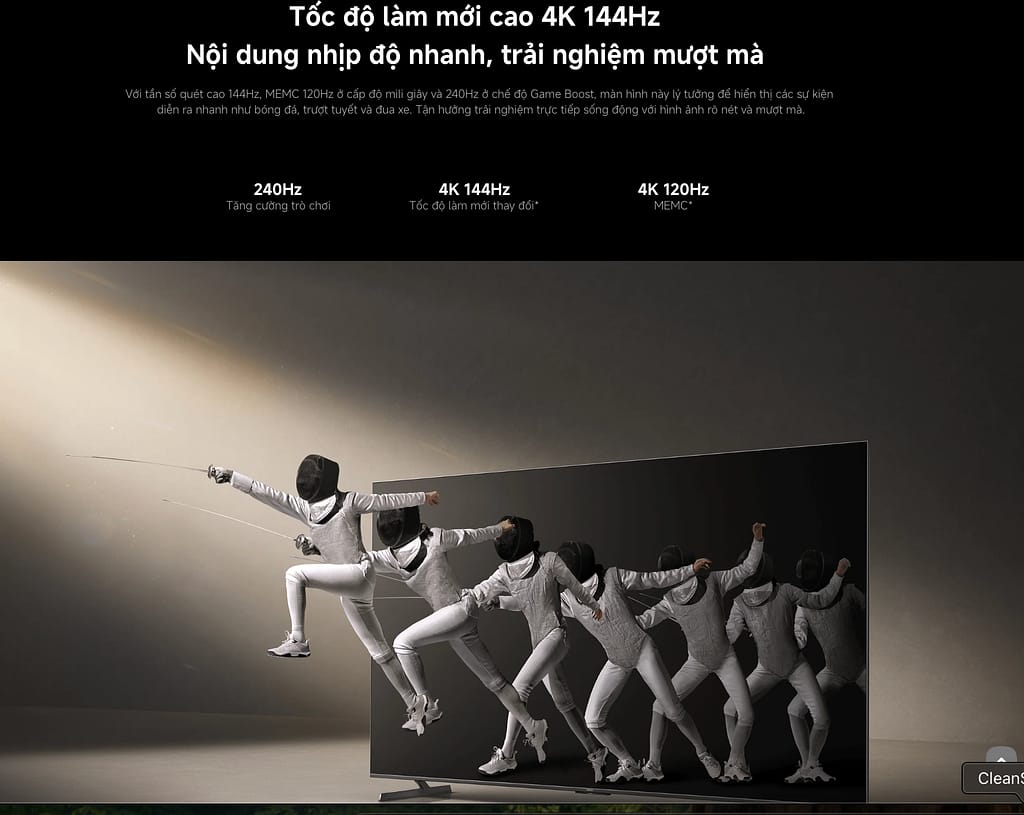 Tần số quét 144Hz cho hình ảnh chuyển động mượt mà trên tivi Max 100 inch Xiaomi