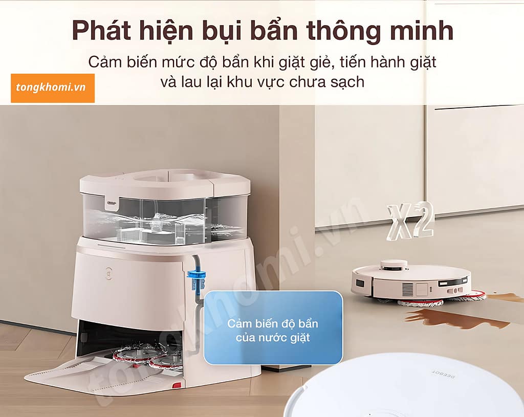 Cảm biến bụi bẩn thông minh để lau lại lần 2 robot hút bụi Ecovacs T30 Pro