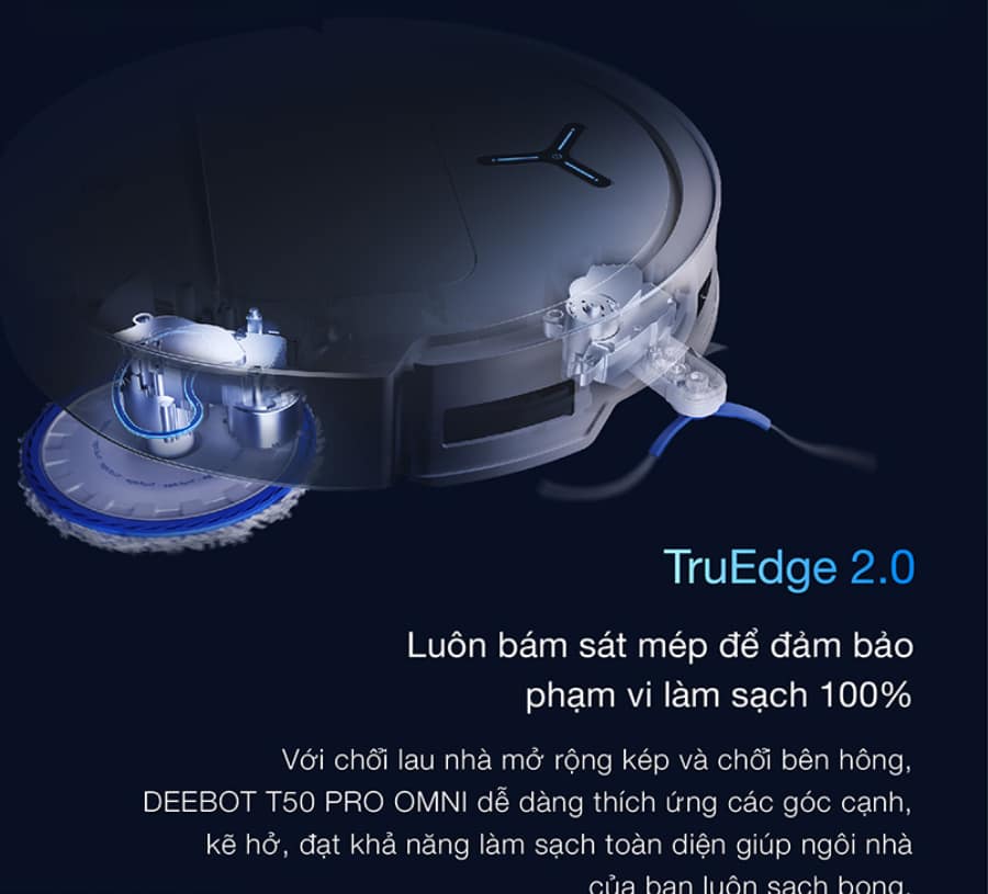 Robot hút bụi lau nhà Ecovacs T50 Pro xoè rộng chổi cạnh