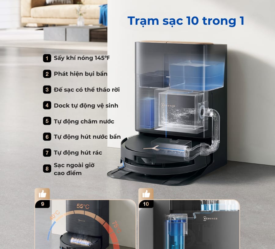 Trạm sạc toàn năng tự pha nước lau sàn trên robot X9 Pro Ecovacs